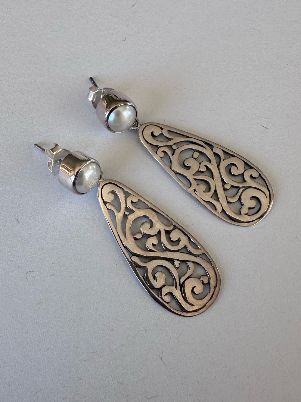 Sterling Silver Filigree Teardrop Earrings with Pearl Stud 925